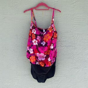 NWT Tropical Escape Women's Pink Floral Blouson One Piece Swimsuit Size 16